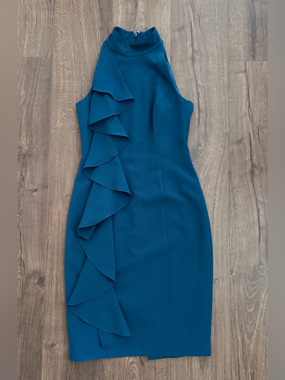 Eliza J Teal Ruffle High-Neck Midi Dress